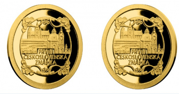 První československá poštovní známka na zlaté minci